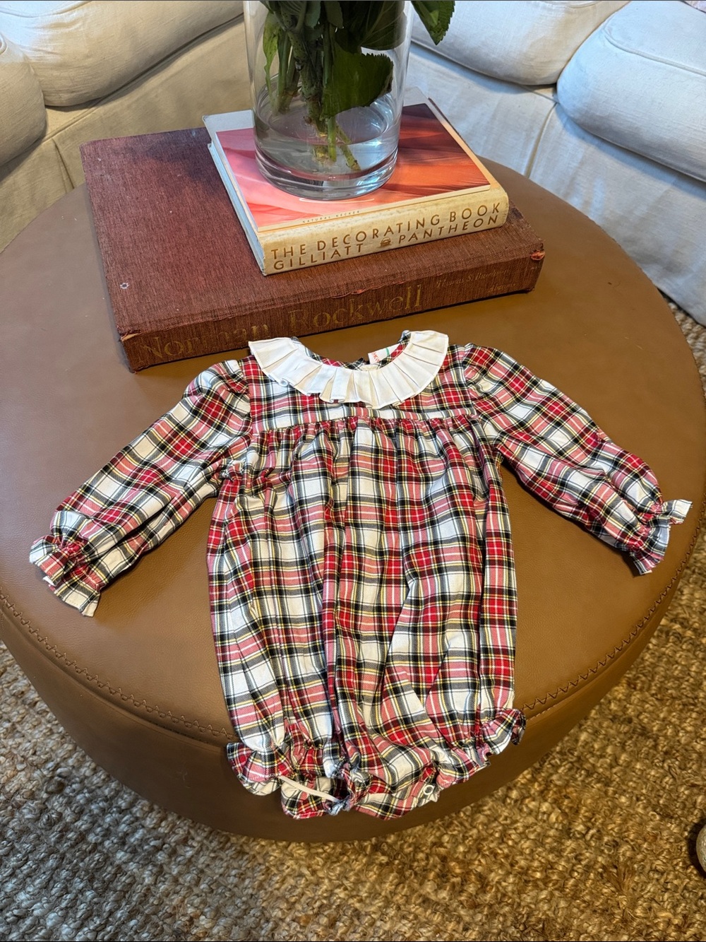 Classic Red Plaid Baby Bubble One-Piece with White Ruffle Collar